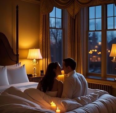 a man and woman sitting on a bed in a hotel room