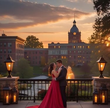 a couple standing in front of a building with a fountain