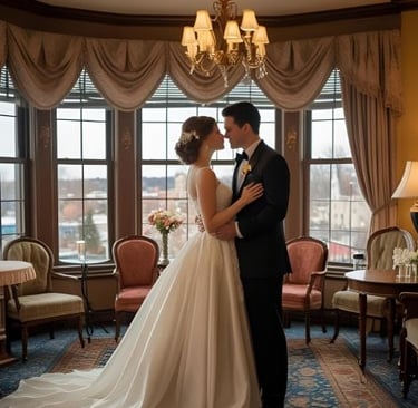 a bride and groom standing in a room with a chandelier