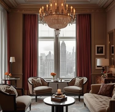 a living hotel room with a chandelier