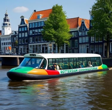 a tour bus with a colorful bus on the water