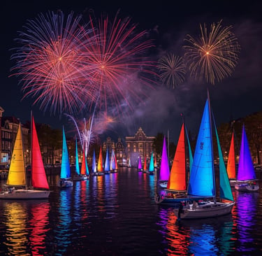 Vibrant fireworks explode over a canal with illuminated sailboats in Amsterdam during a night festival.