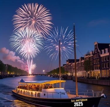 Fireworks display over an Amsterdam canal boat during the Sail Amsterdam 2025 event at night.