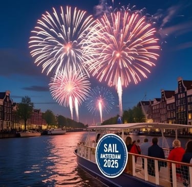 a boat with people watching fireworks in the water