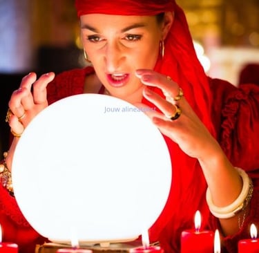 a woman in a red dress holding a crystal ball