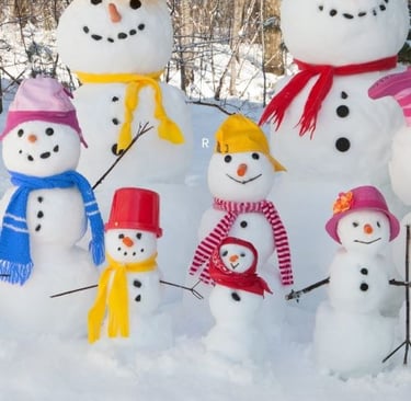 a group of snowmen in a pile of snow