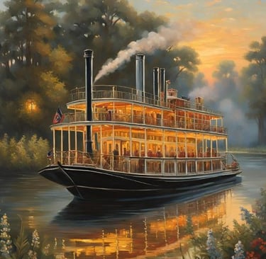 a painting of a steamboat boat on a river