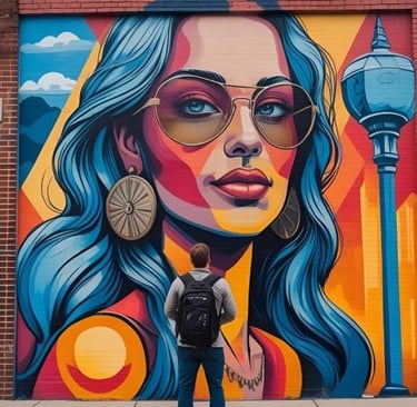 People photgragphed in front of street art