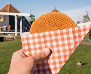 Hand holding a Dutch stroopwafel in a checkered sleeve with Zaanse Schans windmills in the background.