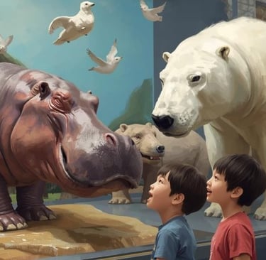 Two excited children viewing realistic museum exhibits of a hippopotamus and polar bear.