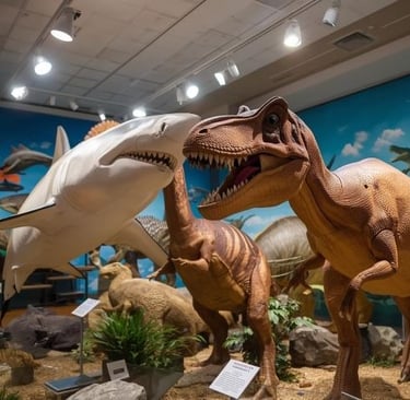 a stuffed dinosaur with a shark in a museum