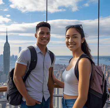 young people looking from an observation deck over new york city