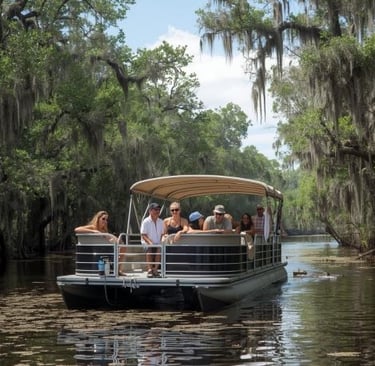 a group of people on a boat in the swamp