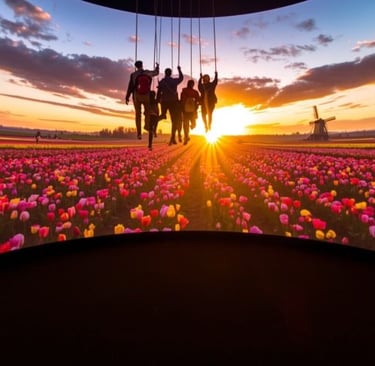 People soaring on a flight simulator over a Dutch tulip field and windmill at sunset.
