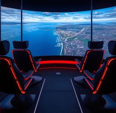 Futuristic observation deck with neon-lit seats overlooking a coastal city skyline.