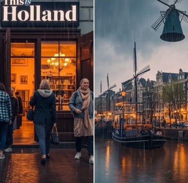 Tourists at This is Holland shop next to an Amsterdam canal with traditional windmills and boats at dusk.