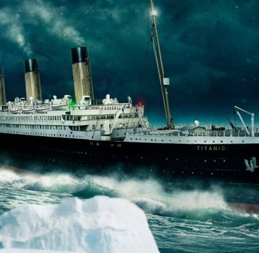 titanic - a large ship in the ocean with a large iceberg