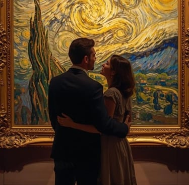 A couple embracing while admiring Vincent van Gogh's Starry Night painting in a museum gallery.