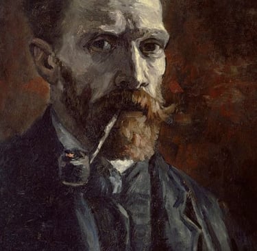 Vincent van Gogh oil painting self-portrait featuring the artist with a beard and pipe.