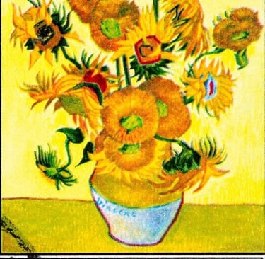 Vincent van Gogh Les Tournesols oil painting of yellow sunflowers in a white vase on a yellow background.