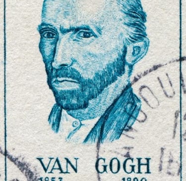 Vintage postage stamp featuring a blue engraved portrait of artist Vincent van Gogh with birth and death years.
