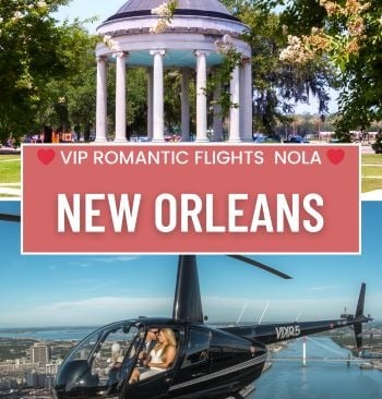 a historic building in new orleans and a romantic couple in a helicopter