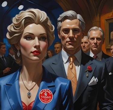 Madame Tussauds wax figures of a blonde woman in blue and a man in a suit at a gala event.