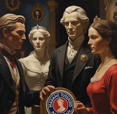 Lifelike wax figures of European royalty and historical figures at the Madame Tussauds Amsterdam museum.