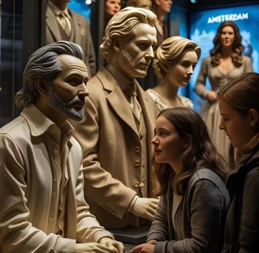 Visitors admire realistic wax figures of celebrities at a museum exhibit in Amsterdam.