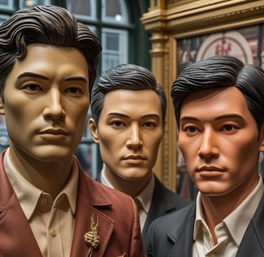 a group of mannequins of men in suits and ties