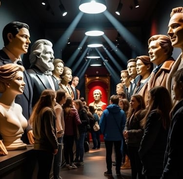 a group of people standing around waxed people