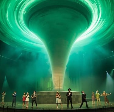 A theatrical stage performance featuring a massive glowing green tornado funnel above a diverse cast of actors.