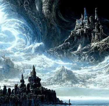 Surreal digital art of a dark fantasy ice castle nestled in dramatic frozen mountain peaks under a swirling blue sky.