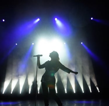 a woman in a black dress and a microphone in front of a stage with lights