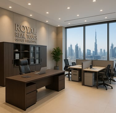 Modern executive desk and ergonomic office chair in a Dubai office showroom by Royal Real Touch