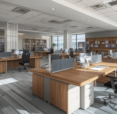 a large open office with a desk and chairs