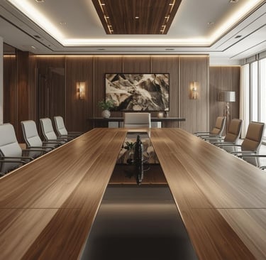 a conference room with a long table and chairs