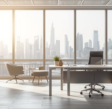 Modern executive office interior featuring a sleek desk, ergonomic chair, and floor-to-ceiling windows 