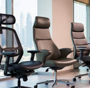 Three premium office chairs from Royal Real Touch Furniture: black high-back executive leather chair