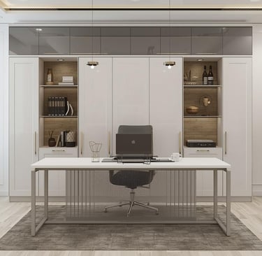 a modern office desk with a laptop and a laptop
