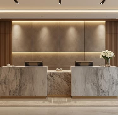Luxury modern reception desk in Muscat by Royal Real Touch Office Furniture, designed for profession