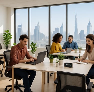Bright modern Dubai startup office interior featuring affordable, stylish office furniture