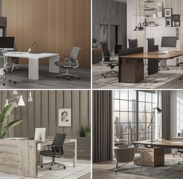 a collage of a variety of office furniture