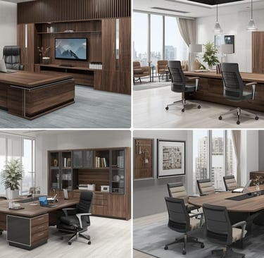 a set of office desk with a desk and chairs