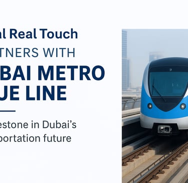 Dubai Metro Blue Line station with Royal Real Touch branded seating, modern design, passengers waiti