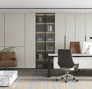 Modern Dubai Marina office interior with skyline view and sleek furniture