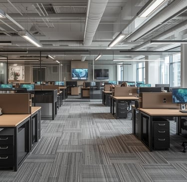 Modern open plan office workspace with rows of ergonomic desks, dual monitors, and industrial lighting.