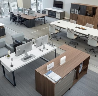 a large office with a desk and a computer