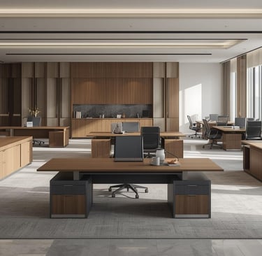 a modern office with a large wooden desk and a large window