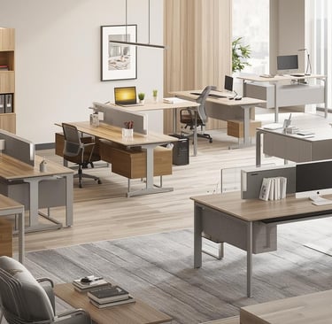 A professional and sleek blog image showcasing a variety of office desks in a modern Dubai setting, 
